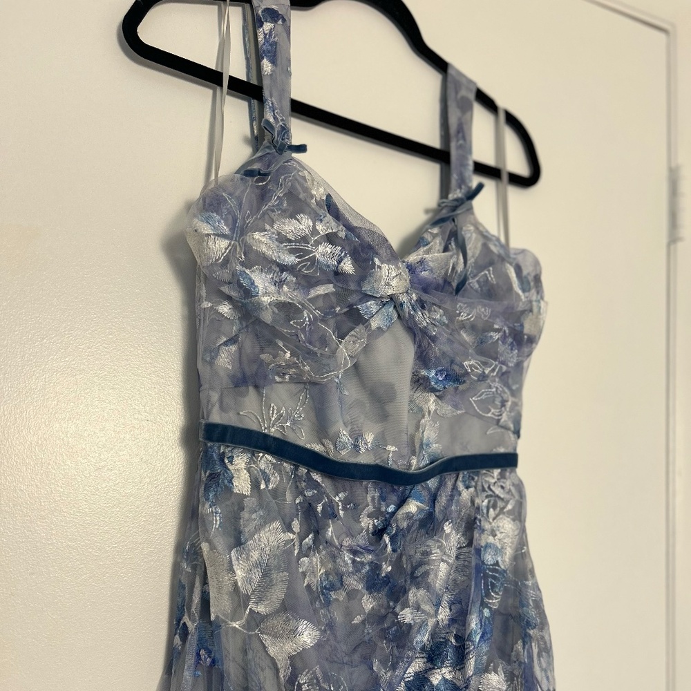 Marchesa Notte Tiered Embroidered Floral-Print Tulle Gown – Baby Blue – Size 8